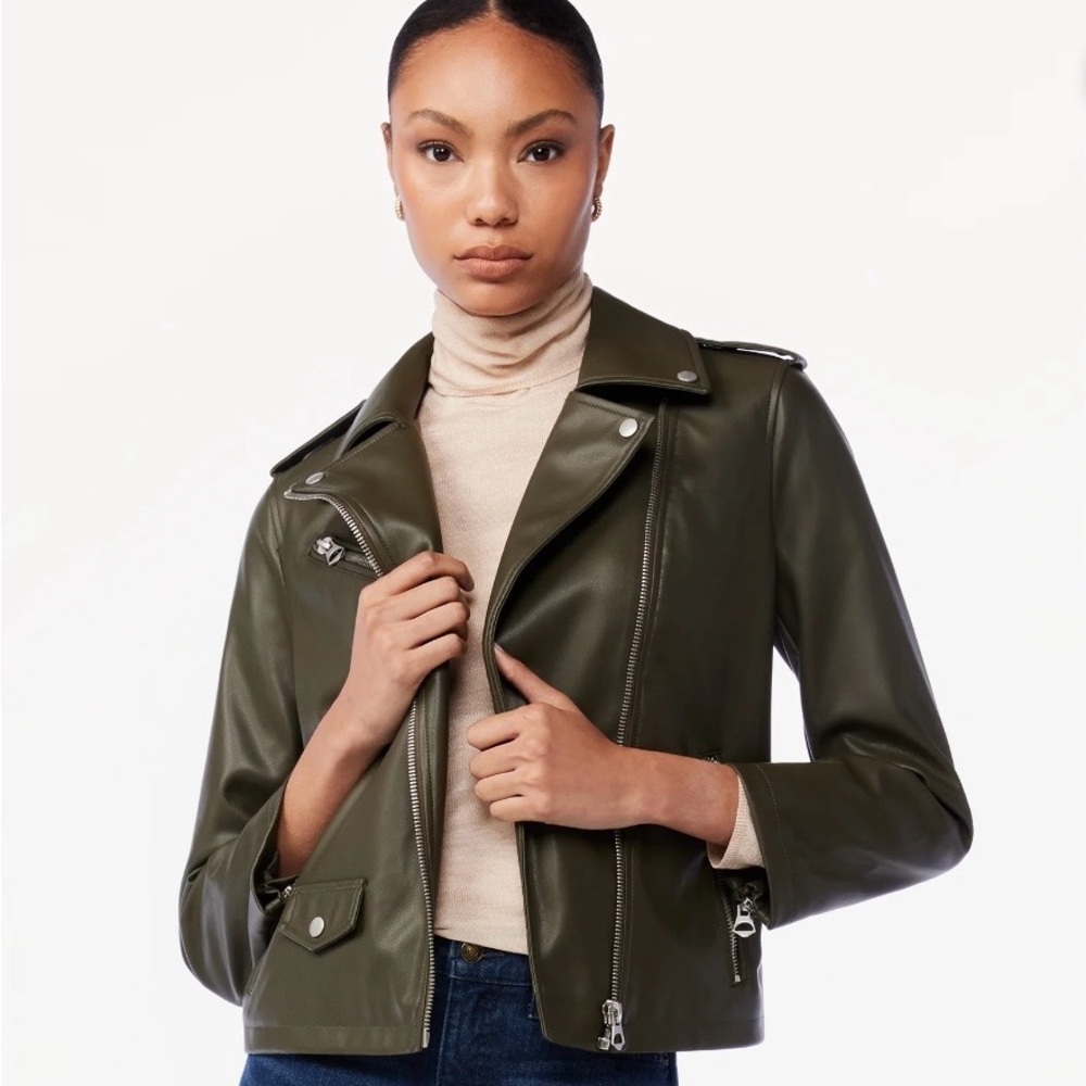 Scoop Women’s Faux Leather Moto Jacket - Olive